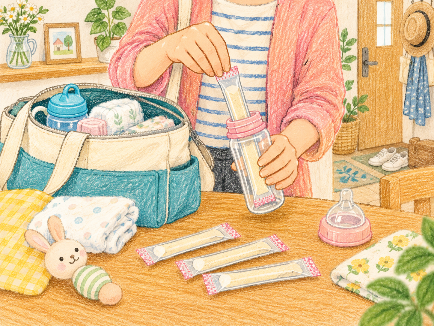粉ミルクを小分け袋に入れてお出かけバッグへ準備する様子のクレヨン画