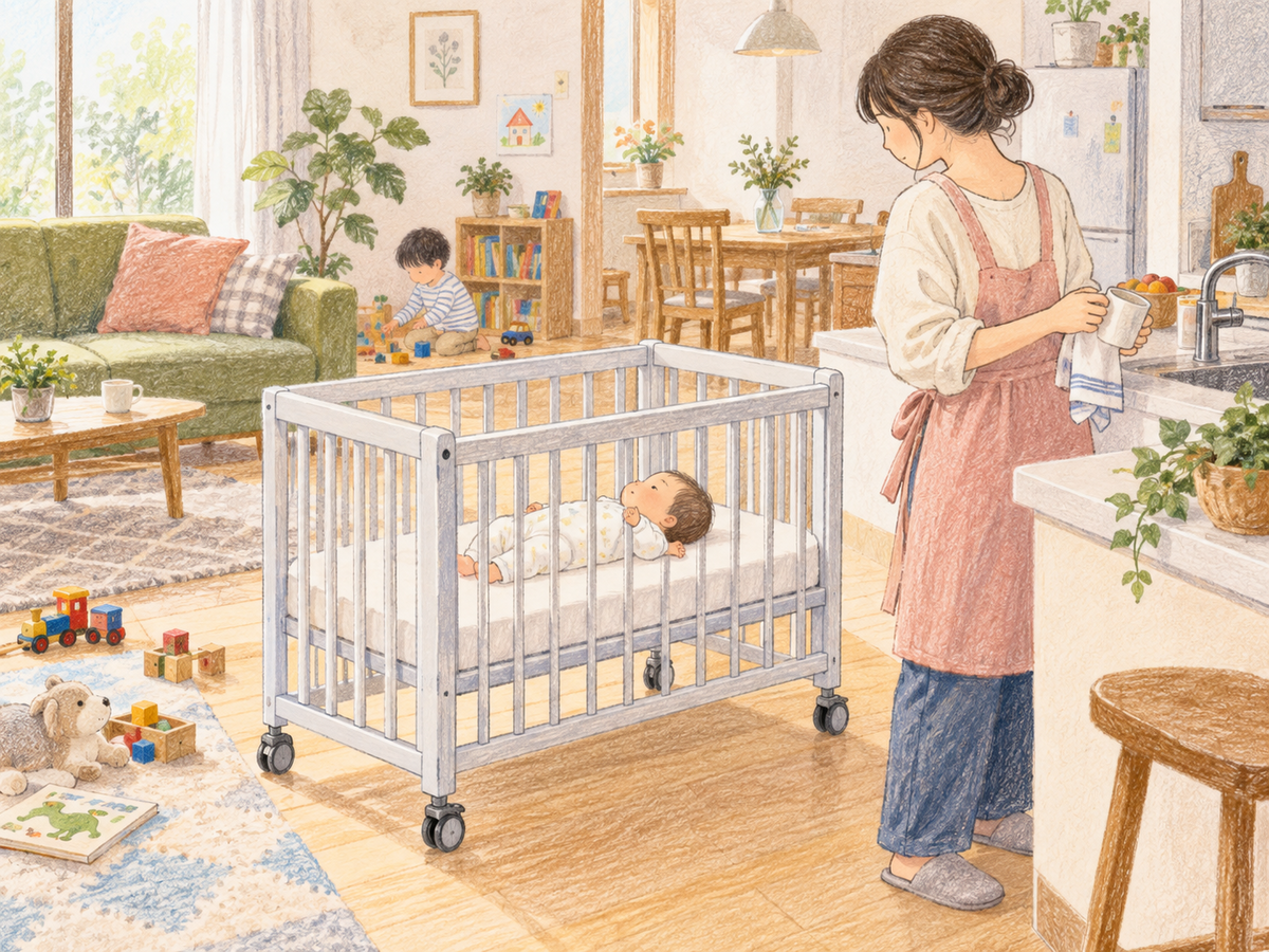 上の子が遊ぶリビングで、キャスター付きベビーベッドに寝る赤ちゃんを近くから見守る様子のクレヨン画